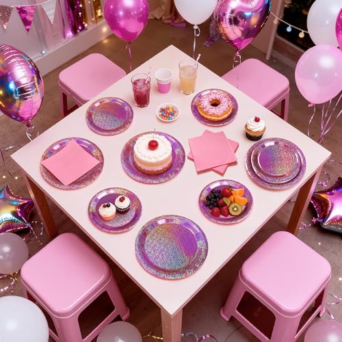Watch Me Fly Pink Iridescent Paper Plates & Napkins, 75pcs Dinnerware Includes 9" Dinner Plates, 7" Dessert Plates & 6.5" Napkins, Holographic Sparkle, Disposable Party Tableware for Birthday, Bachelorette - Image 4