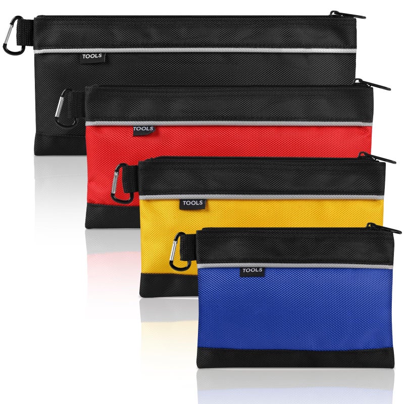 COIDEA 4 Pack Tool Pouch Small Tool Bag with Zipper 1680D Oxford Waterproof Multipurpose Tool Pouches with Carabiner for Men Tools Travel Accessary Stationary Gadgets Storage Organizer PSGJDX4