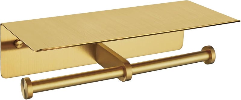 APLusee Brushed Gold Double Toilet Paper Holder with Shelf, Heavy Duty 304 Stainless Steel Tissue Roll Holder, Commercial Paper Dispenser Wall Mounted - Image 1