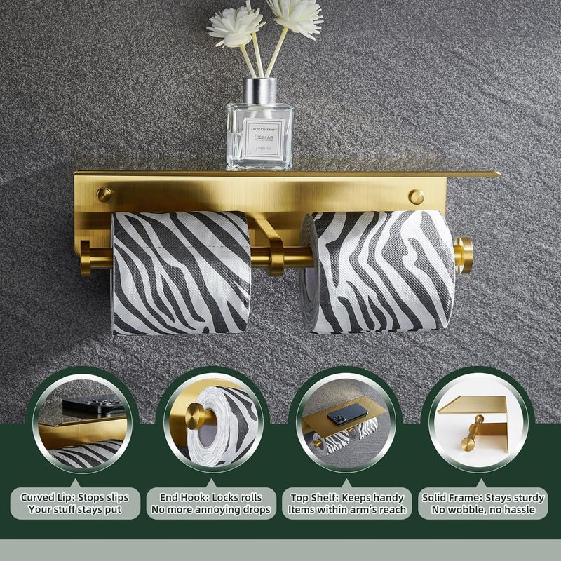 APLusee Brushed Gold Double Toilet Paper Holder with Shelf, Heavy Duty 304 Stainless Steel Tissue Roll Holder, Commercial Paper Dispenser Wall Mounted - Image 5