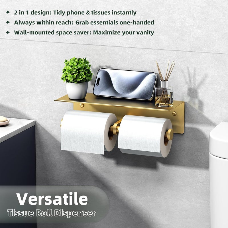 APLusee Brushed Gold Double Toilet Paper Holder with Shelf, Heavy Duty 304 Stainless Steel Tissue Roll Holder, Commercial Paper Dispenser Wall Mounted - Image 3