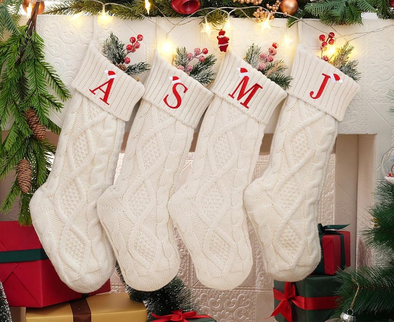 Nackiy Personalized Christmas Stockings with Initials, 18 Inches Large Embroidered Monogrammed Cable Knit Christmas Stocking for Family, Xmas Holiday Party Gifts & Decoration for Fireplace(White,Letter A) - Image 2