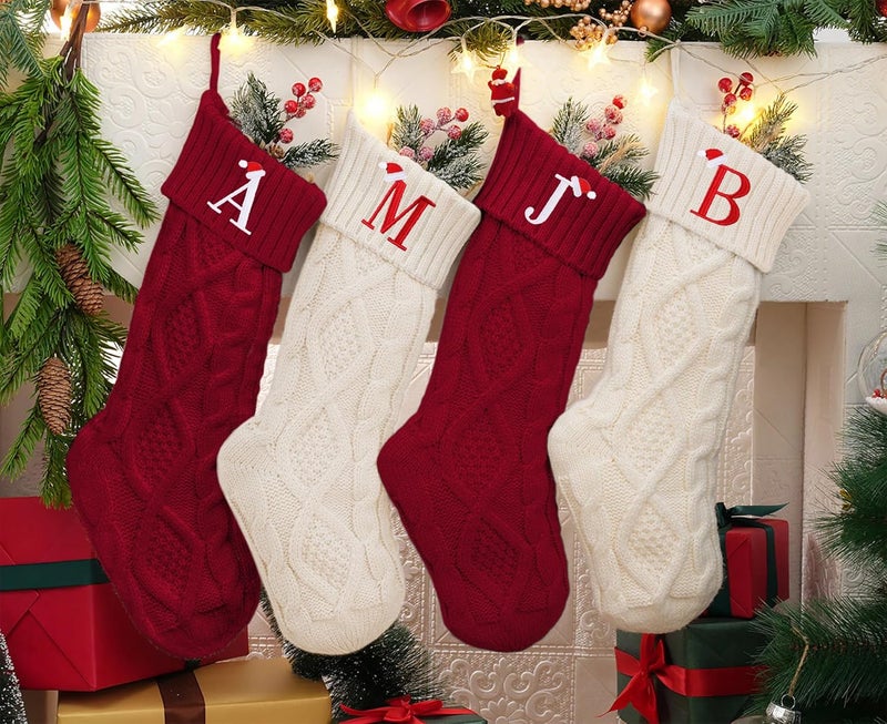 Nackiy Personalized Christmas Stockings with Initials, 18 Inches Large Embroidered Monogrammed Cable Knit Christmas Stocking for Family, Xmas Holiday Party Gifts & Decoration for Fireplace(White,Letter A) - Image 3