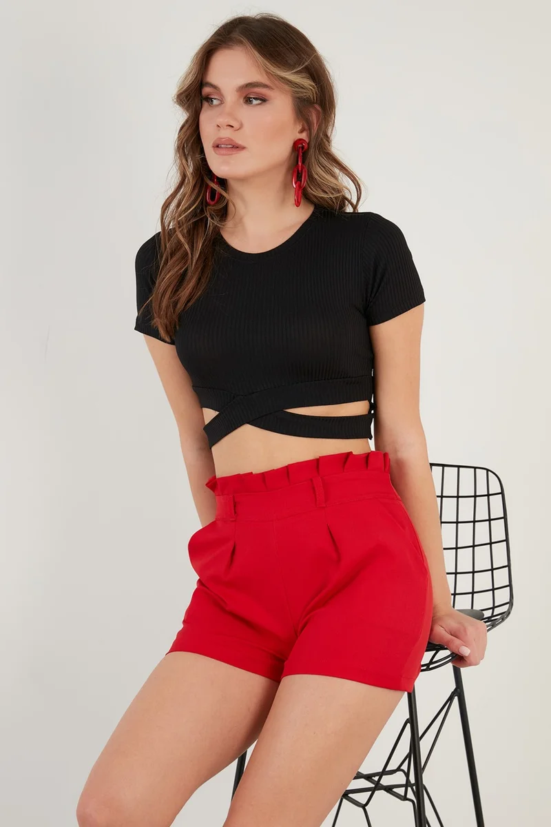 ليلا Ribbed Waist Detailed Short Sleeve Slim Cut Crop Blouse Women's Blouse 5864211