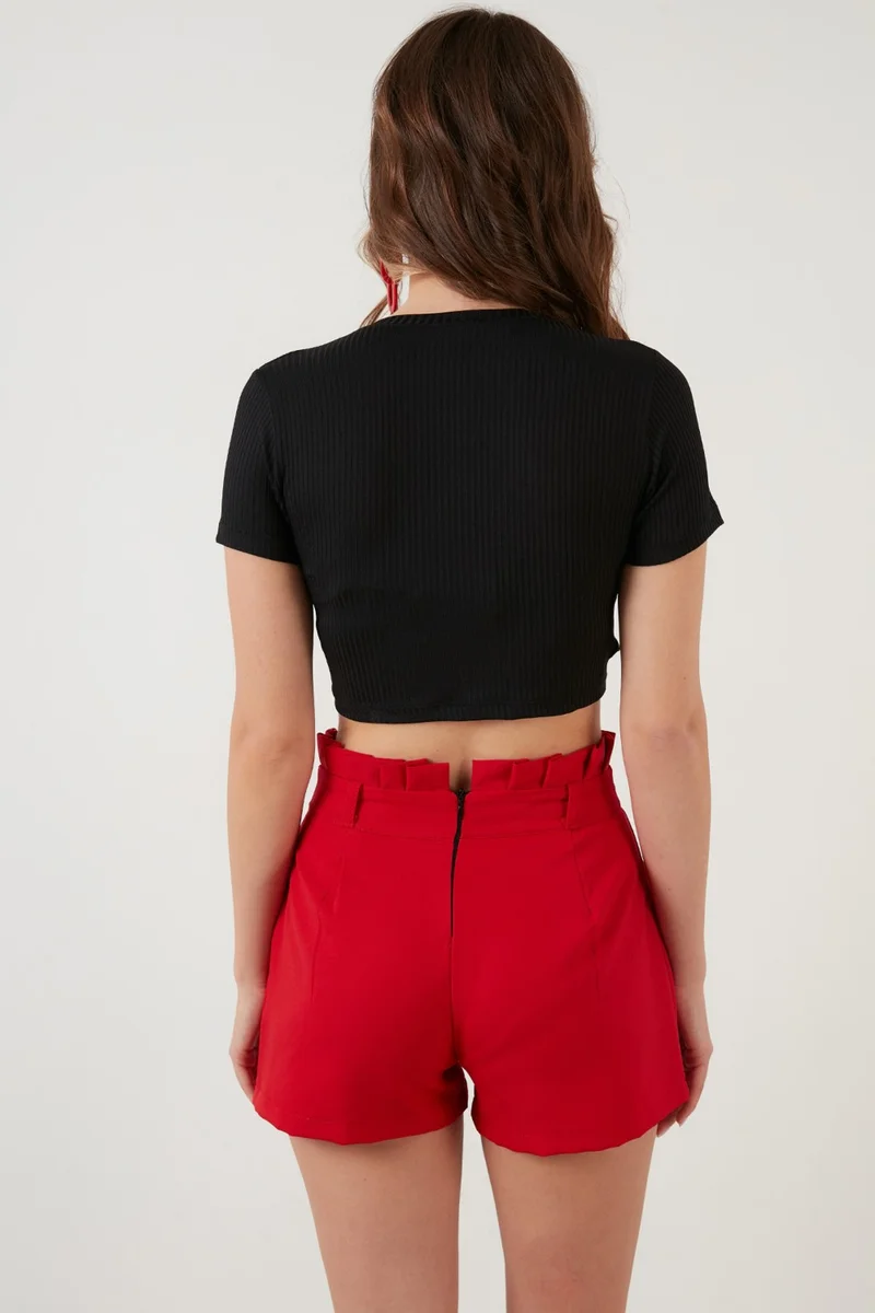 ليلا Ribbed Waist Detailed Short Sleeve Slim Cut Crop Blouse Women's Blouse 5864211