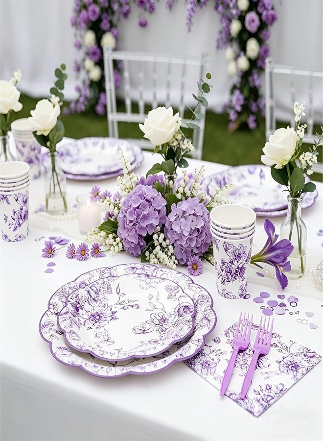 CENLBJ 120Pcs Lavender Floral Paper Plate and Napkins Party Supplies | 9''&7'' Disposable Purple White Chinoiserie Scalloped Plates Cups Napkins Forks Tableware for Wedding Birthday Baby Showers Serves 24 - Image 5