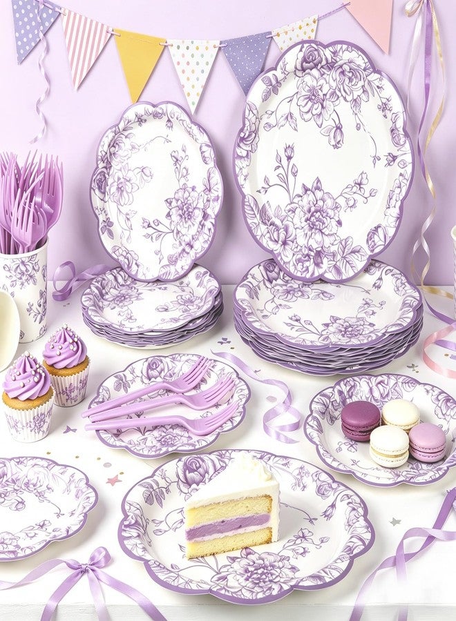 CENLBJ 120Pcs Lavender Floral Paper Plate and Napkins Party Supplies | 9''&7'' Disposable Purple White Chinoiserie Scalloped Plates Cups Napkins Forks Tableware for Wedding Birthday Baby Showers Serves 24 - Image 4