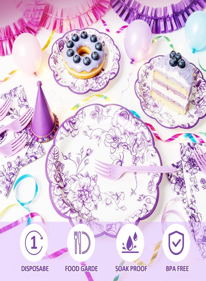 CENLBJ 120Pcs Lavender Floral Paper Plate and Napkins Party Supplies | 9''&7'' Disposable Purple White Chinoiserie Scalloped Plates Cups Napkins Forks Tableware for Wedding Birthday Baby Showers Serves 24 - Image 2