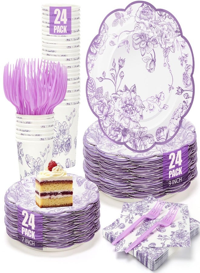 CENLBJ 120Pcs Lavender Floral Paper Plate and Napkins Party Supplies | 9''&7'' Disposable Purple White Chinoiserie Scalloped Plates Cups Napkins Forks Tableware for Wedding Birthday Baby Showers Serves 24 - Image 1