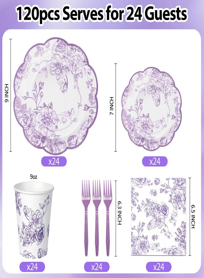 CENLBJ 120Pcs Lavender Floral Paper Plate and Napkins Party Supplies | 9''&7'' Disposable Purple White Chinoiserie Scalloped Plates Cups Napkins Forks Tableware for Wedding Birthday Baby Showers Serves 24 - Image 3