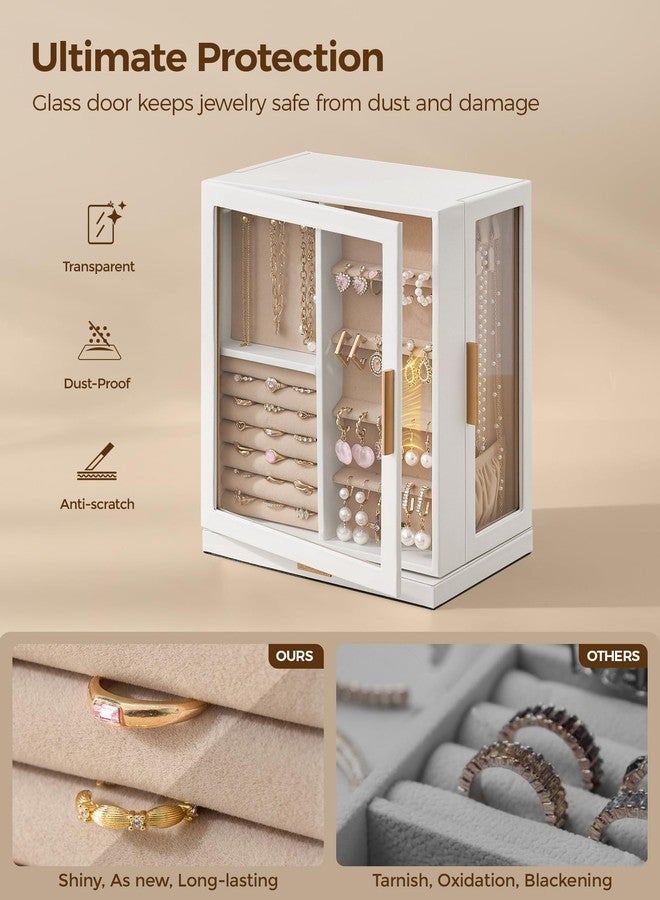 صندوق مجوهرات دوار 360 درجة من Glimmloop مزود بخمسة أدراج، منظم مجوهرات رأسي واسع مع نافذة زجاجية، علبة تخزين مجوهرات، تصميم مقاوم للغبار والرطوبة، أبيض - Image 3