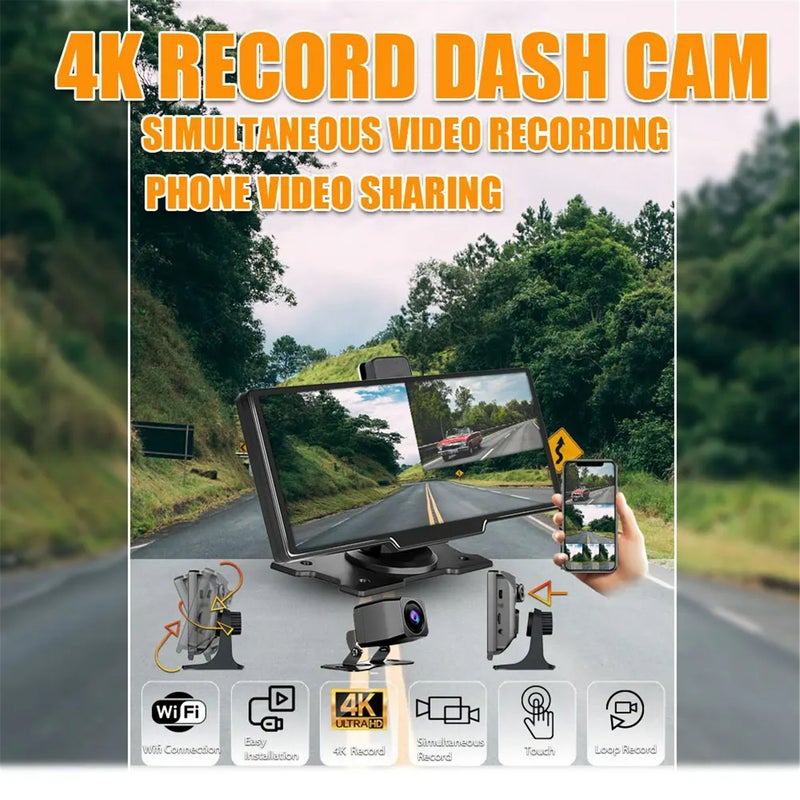 4K Dash Camera Black 10 Inch IPS Touch Screen 135° Wide Angle - Wireless Apple Carplay & Wireless Android Auto Dual Camera Driving Recorder for Car Drivers & Daily Commuters - Image 4