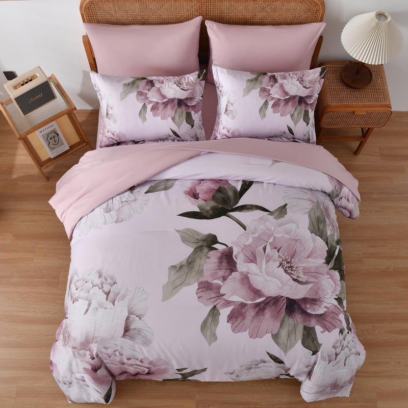 Dobuyly Pink Floral Comforter Set Queen 7 Piece Bed in a Bag, Blush Flowers Printed on Light Pink Comforter Set with Sheets, Soft Microfiber Botanical Bedding Set for All Season - Image 3