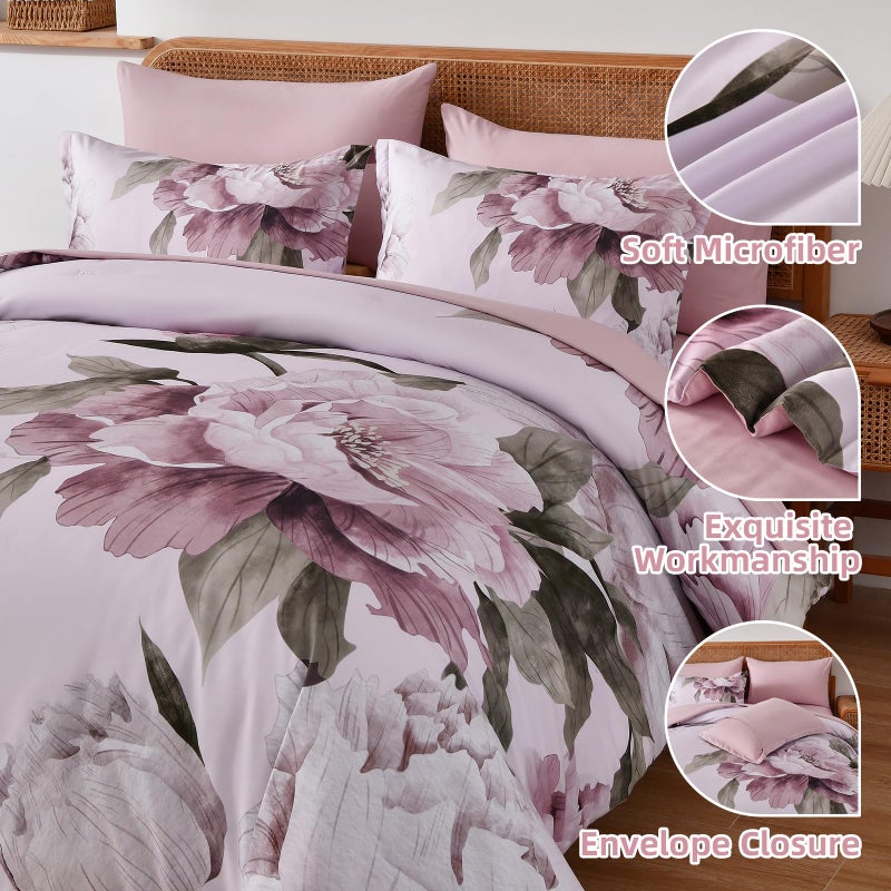 Dobuyly Pink Floral Comforter Set Queen 7 Piece Bed in a Bag, Blush Flowers Printed on Light Pink Comforter Set with Sheets, Soft Microfiber Botanical Bedding Set for All Season - Image 4