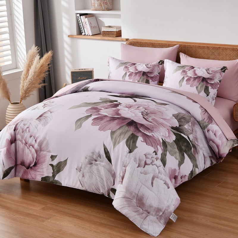 Dobuyly Pink Floral Comforter Set Queen 7 Piece Bed in a Bag, Blush Flowers Printed on Light Pink Comforter Set with Sheets, Soft Microfiber Botanical Bedding Set for All Season - Image 2