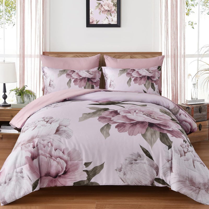 Dobuyly Pink Floral Comforter Set Queen 7 Piece Bed in a Bag, Blush Flowers Printed on Light Pink Comforter Set with Sheets, Soft Microfiber Botanical Bedding Set for All Season - Image 1