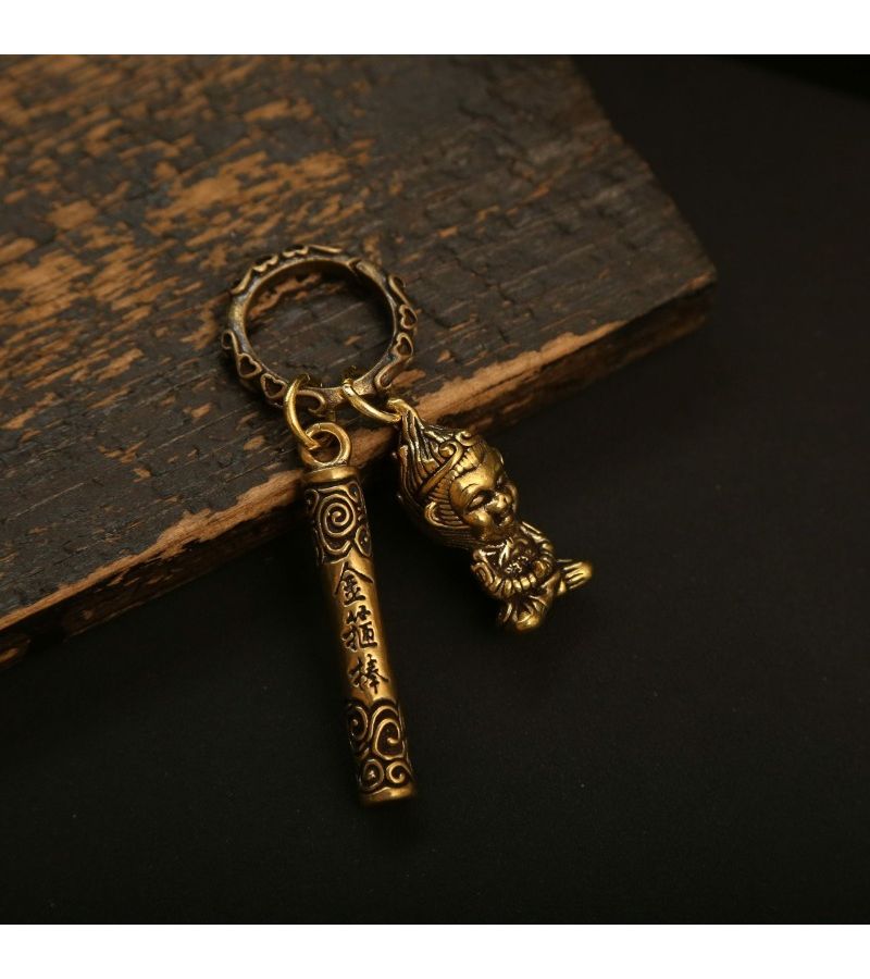 Handmade Brass Wukong Ruyi Golden Staff Keychain With Auspicious Cloud Rope - Image 2