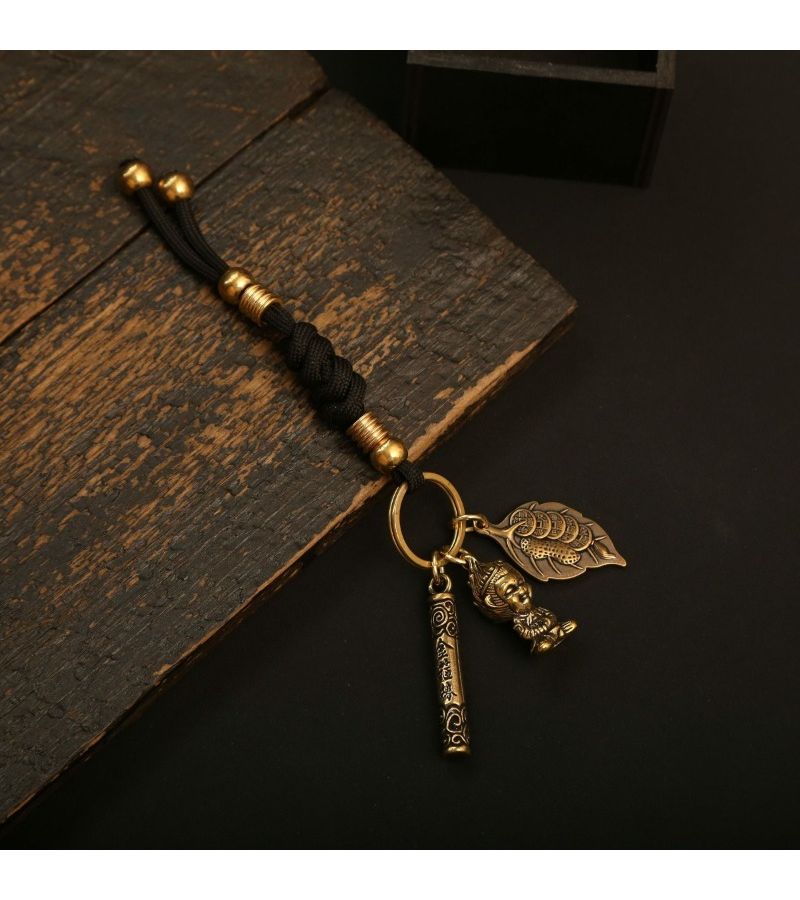 Handmade Brass Wukong Ruyi Golden Staff Keychain With Auspicious Cloud Rope - Image 1