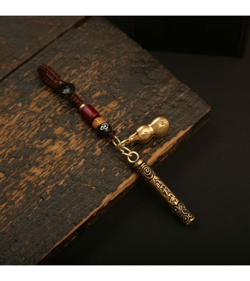 Handmade Brass Wukong Ruyi Golden Staff Keychain With Auspicious Cloud Rope - Image 3