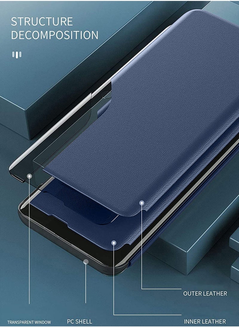 Smart View Mirror Window Leather Texture Flip Phone Auto Sleep Wake Case Cover For Honor X9a 5G Navy Blue