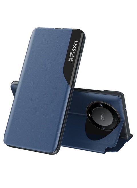 Smart View Mirror Window Leather Texture Flip Phone Auto Sleep Wake Case Cover For Honor X9a 5G Navy Blue