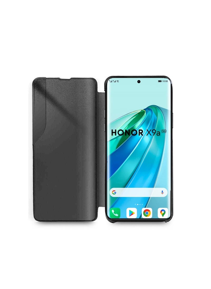 Smart View Mirror Window Leather Texture Flip Phone Auto Sleep Wake Case Cover For Honor X9a 5G Navy Blue