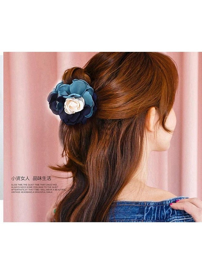 Suoirblss 2Pcs Sweet Large Rose Flower Hair Claws Beauty Ribbon Bow Hair Clips Headwear Hair Jewelry For Women Accessories (Pink + Blue) - Image 3