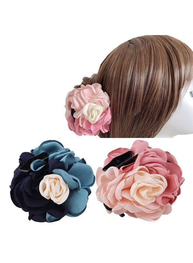 Suoirblss 2Pcs Sweet Large Rose Flower Hair Claws Beauty Ribbon Bow Hair Clips Headwear Hair Jewelry For Women Accessories (Pink + Blue) - Image 2