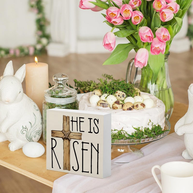 FLVGE Easter Decor  He is Risen Religious Easter Wooden Box Sign  Easter Cross Tiered Tray Decorations  Farmhouse Bunny Table Centerpiece Sign for Party Home Kitchen Dining Table Decor 5x5 - Image 3