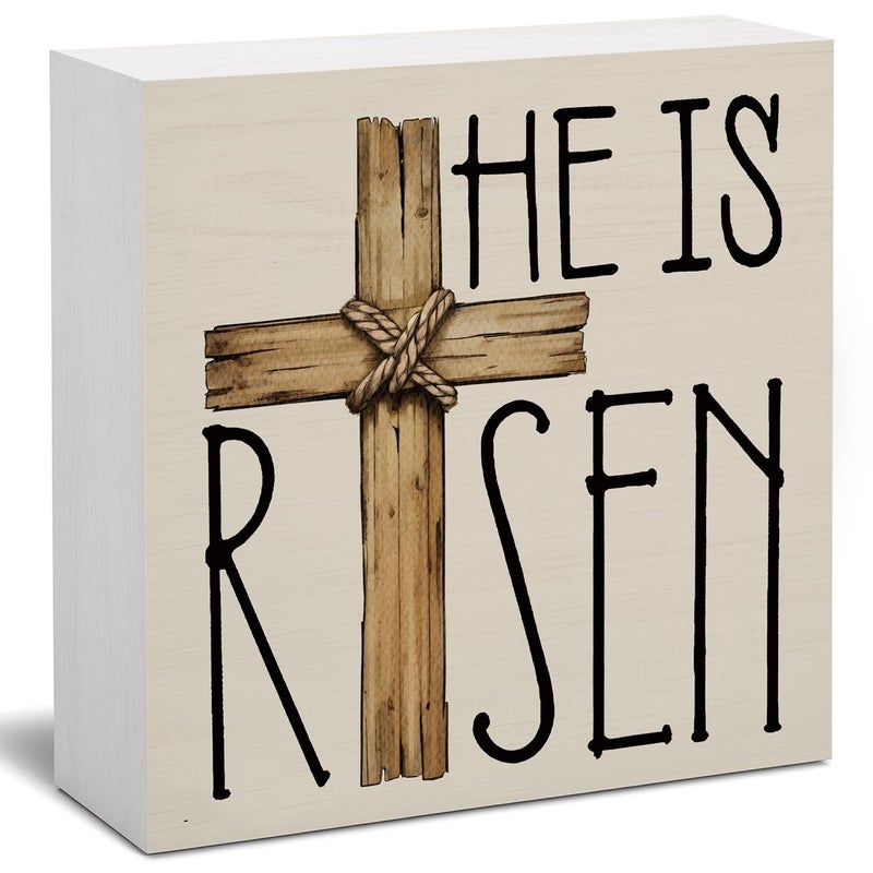 FLVGE Easter Decor  He is Risen Religious Easter Wooden Box Sign  Easter Cross Tiered Tray Decorations  Farmhouse Bunny Table Centerpiece Sign for Party Home Kitchen Dining Table Decor 5x5 - Image 1