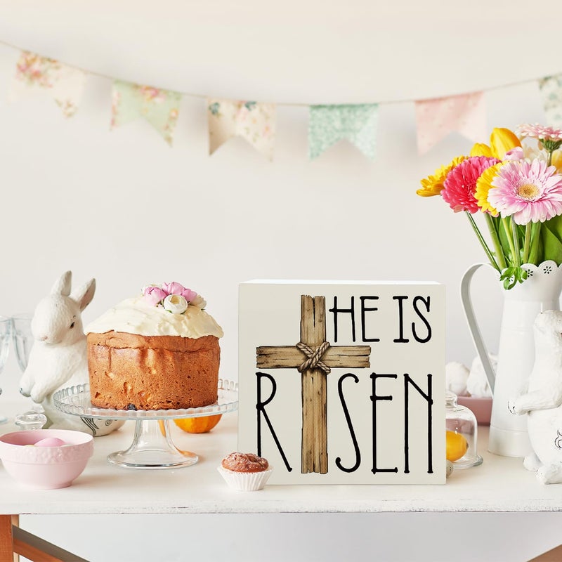 FLVGE Easter Decor  He is Risen Religious Easter Wooden Box Sign  Easter Cross Tiered Tray Decorations  Farmhouse Bunny Table Centerpiece Sign for Party Home Kitchen Dining Table Decor 5x5 - Image 4