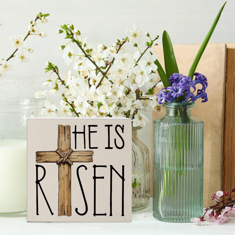 FLVGE Easter Decor  He is Risen Religious Easter Wooden Box Sign  Easter Cross Tiered Tray Decorations  Farmhouse Bunny Table Centerpiece Sign for Party Home Kitchen Dining Table Decor 5x5 - Image 5