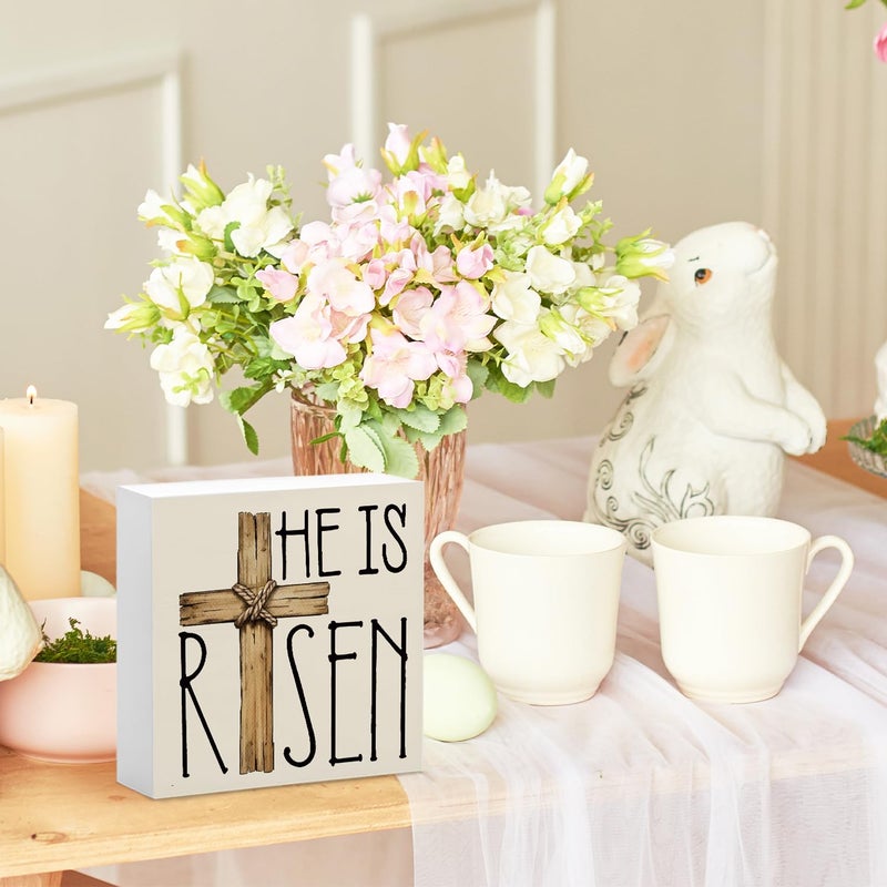 FLVGE Easter Decor  He is Risen Religious Easter Wooden Box Sign  Easter Cross Tiered Tray Decorations  Farmhouse Bunny Table Centerpiece Sign for Party Home Kitchen Dining Table Decor 5x5 - Image 2