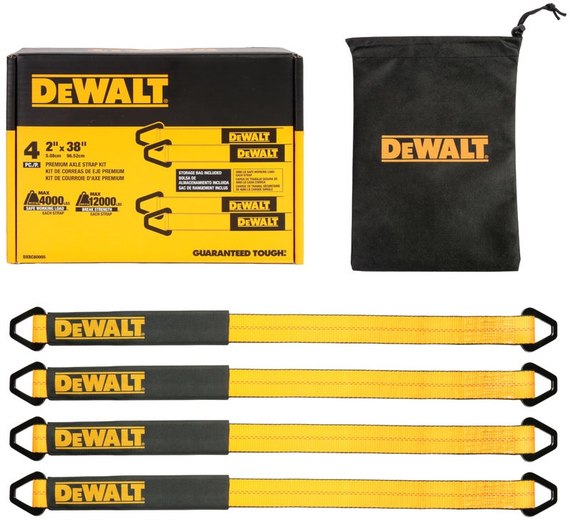 DEWALT DXBC80005 BlackYellow 2 x 38 Premium Axle Tie Down Strap Kit 12000 lb Break Strength  Heavy Duty Protective for Truck Trailer ATV UTV Support Hoists 4 Pack