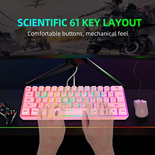 Snpurdiri 60% Wired Gaming Keyboard, 61 Keys RGB Backlit Ultra-Compact Mini Gaming Keyboard for PC/Mac Gamer, Typist, Travel, Easy to Carry on Business Trip(Pink) - Image 3
