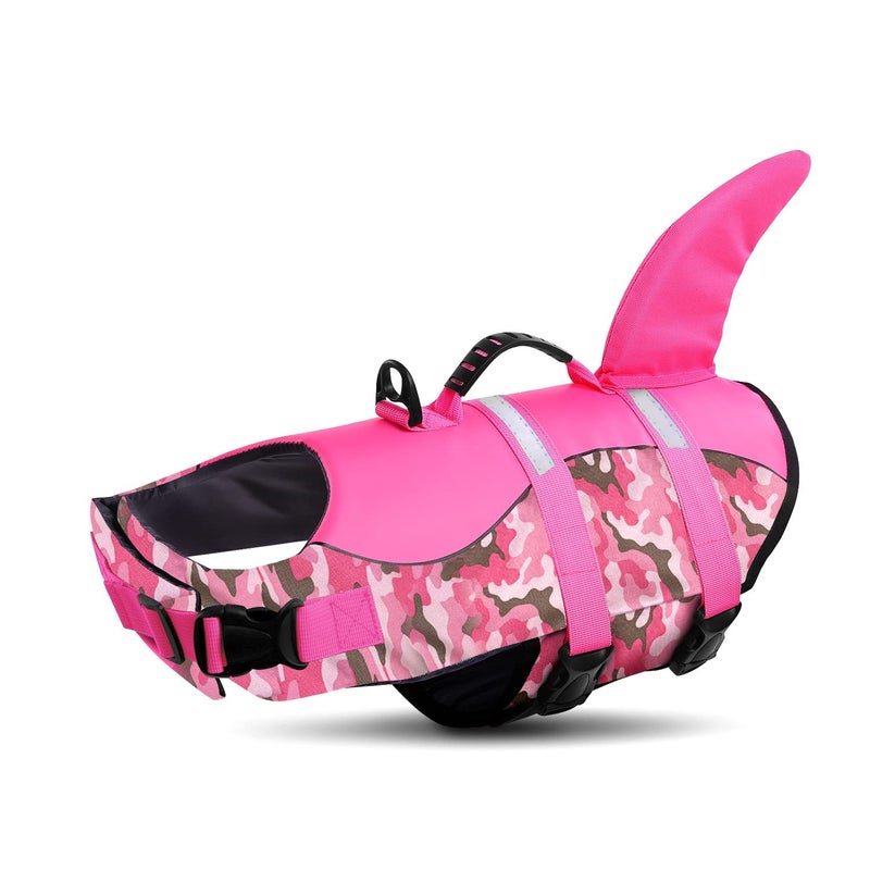 Queenmore Dog Life Jacket Ripstop Dog Shark Safety Vest Adjustable Preserver with High Buoyancy and Durable Rescue Handle for SmallMediumLarge Dogs Pink Camouflage Medium - Image 2