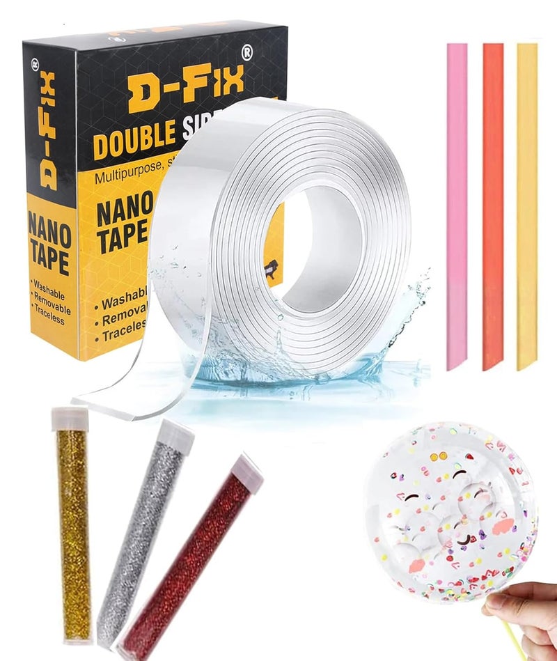 D-Fix Nano Tape With 3 Glitter Flakes 3 Stars Straw For Balloon Double Sided Ivy Grip Tape For Walls Washable Reusable Strong Sticky Strips Multicolor Moon & Heart Art And Craft Diy Kit-3M - Image 1