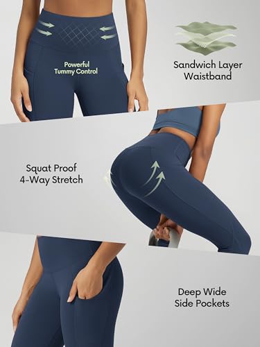 ODODOS Women's Knee Length High Waisted Yoga Capri Leggings with Pockets, Workout Running Sports Athletic Yoga Capris, Navy, X-Large - Image 5