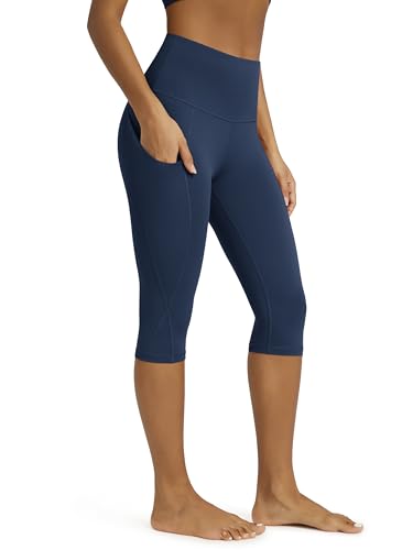 ODODOS Women's Knee Length High Waisted Yoga Capri Leggings with Pockets, Workout Running Sports Athletic Yoga Capris, Navy, X-Large - Image 1