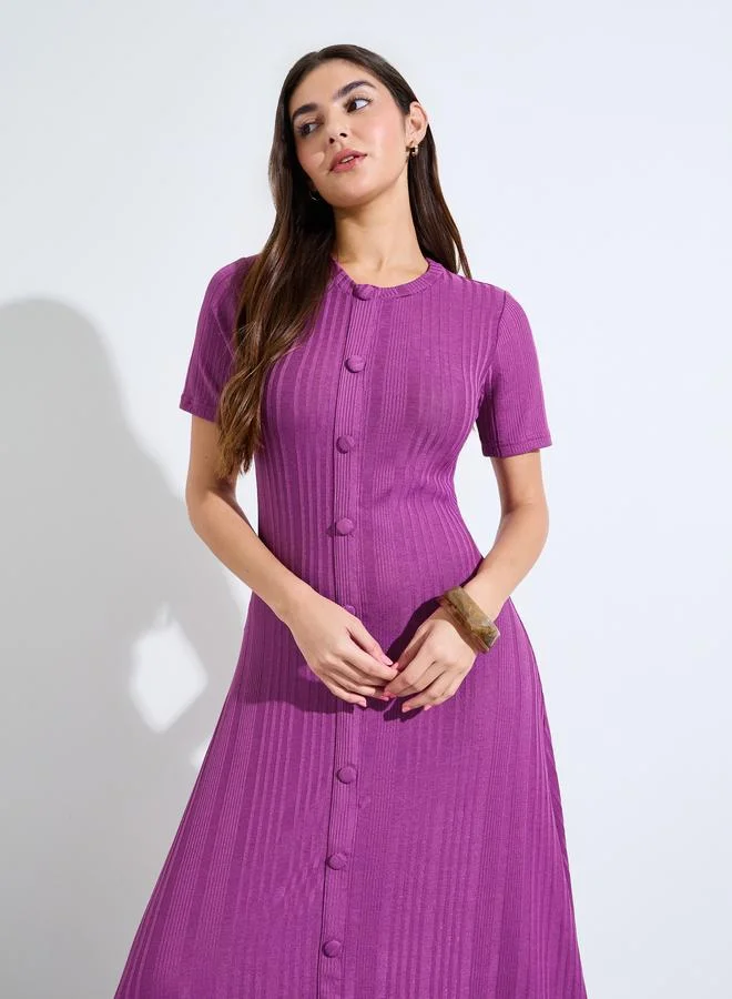 Styli Rib knit Short Sleeves A-Line Maxi Dress