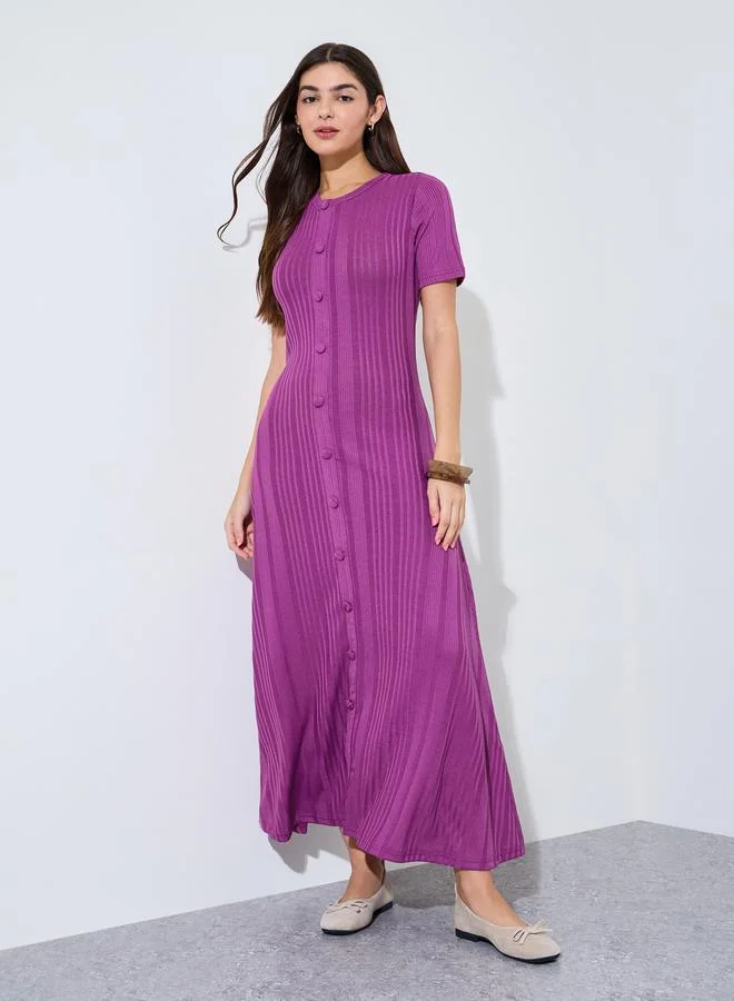 Styli Rib knit Short Sleeves A-Line Maxi Dress