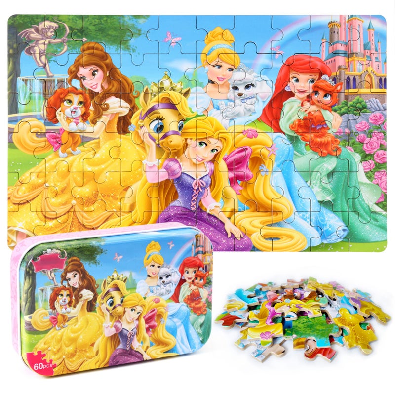 MZZOTOY Princess Puzzles for Kids Ages 4-8, 60 Pieces for Kids Ages 3-5 Princess Puzzle for Girls and Boys Toys Jigsaw Puzzles in a Metal Box Educational Puzzles (Princess) - Image 1