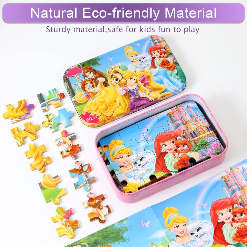 MZZOTOY Princess Puzzles for Kids Ages 4-8, 60 Pieces for Kids Ages 3-5 Princess Puzzle for Girls and Boys Toys Jigsaw Puzzles in a Metal Box Educational Puzzles (Princess) - Image 4
