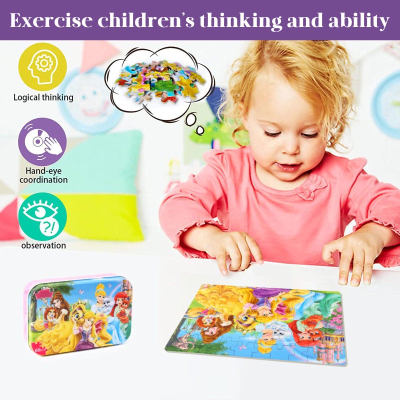 MZZOTOY Princess Puzzles for Kids Ages 4-8, 60 Pieces for Kids Ages 3-5 Princess Puzzle for Girls and Boys Toys Jigsaw Puzzles in a Metal Box Educational Puzzles (Princess) - Image 3