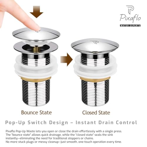 Pixaflo 3-Inches Stainless Steel Pop-Up Waste Coupling for Wash Basin & Sink | Full Threaded G1¼” | Durable Anti-Rust Bathroom Drain Plug | Universal Fit for Vanity & Countertop | Chrome Finish - Image 2