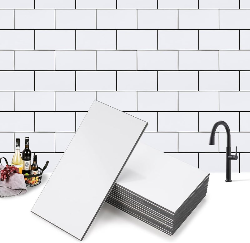 V-MOZZA 100-Piece Faux Stone Peel and Stick Backsplash Tile, Waterproof Thick PVC Stick On Subway Wall Tile for Kitchen Bathroom Laundry Room Fireplace - 3" x 6",White - Image 1