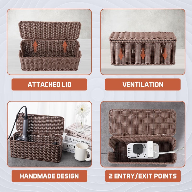 Cantalop Cable Management Box, Handmade Rattan Cable Organizer with 2 Open Slots, Cord Hider for Power Strip, Router & USB Hub, Registered U.S. Design Patent (D1,112,102), 13" x 5.1" x 5.1", Brown - Image 5