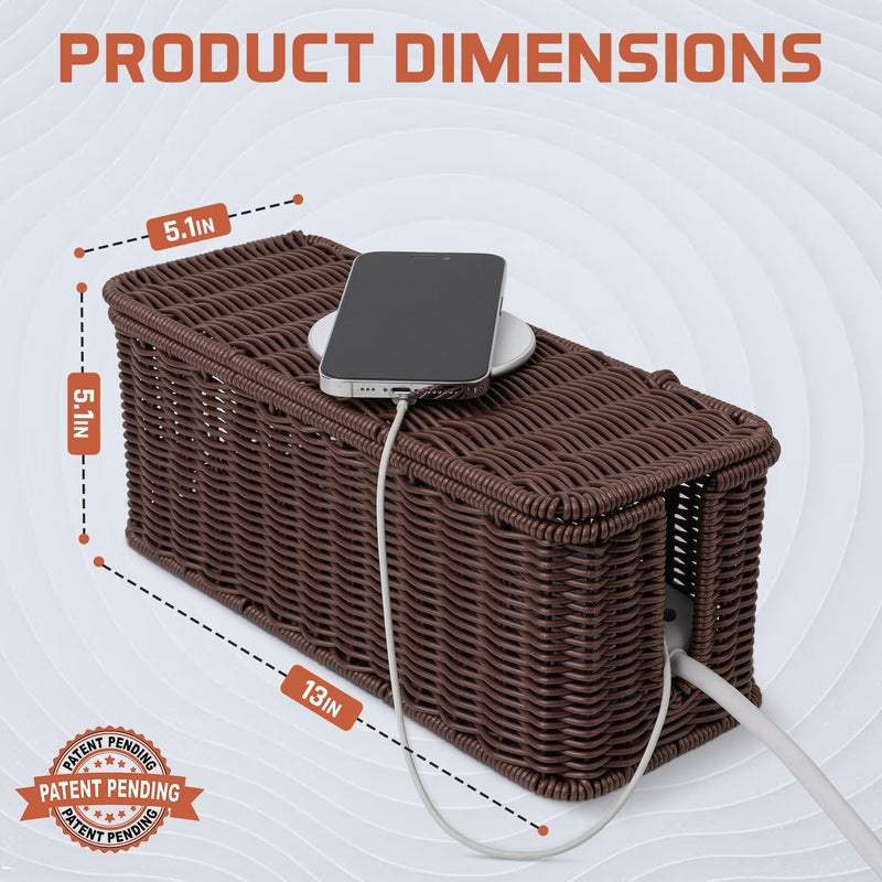 Cantalop Cable Management Box, Handmade Rattan Cable Organizer with 2 Open Slots, Cord Hider for Power Strip, Router & USB Hub, Registered U.S. Design Patent (D1,112,102), 13" x 5.1" x 5.1", Brown - Image 2