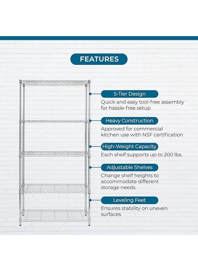 5-Shelf Storage Unit With Height Adjustable Shelves and Levelling Feet,  Max Weight, Chrome, 35.5 cm D x 91.4 cm W x 182.8 cm H - Image 2