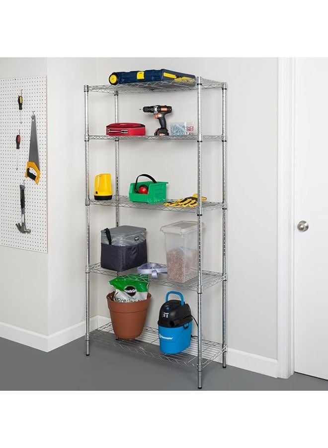 5-Shelf Storage Unit With Height Adjustable Shelves and Levelling Feet,  Max Weight, Chrome, 35.5 cm D x 91.4 cm W x 182.8 cm H - Image 3